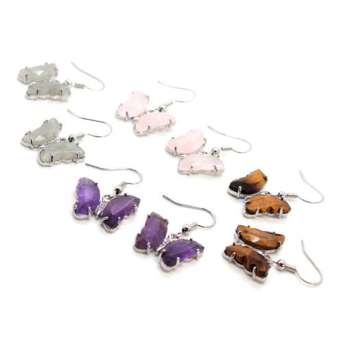 Natural Gemstone Earrings, Tibetan Style, with Gemstone, Butterfly, silver color plated, fashion jewelry, more colors for choice, 20x15mm, Sold By Pair