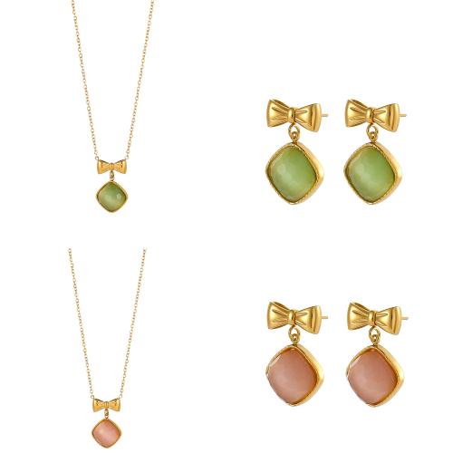 Natural Gemstone Jewelry Sets, Stud Earring & necklace, 304 Stainless Steel, with Gemstone, gold color plated, fashion jewelry, more colors for choice, Length:70 cm, Sold By PC