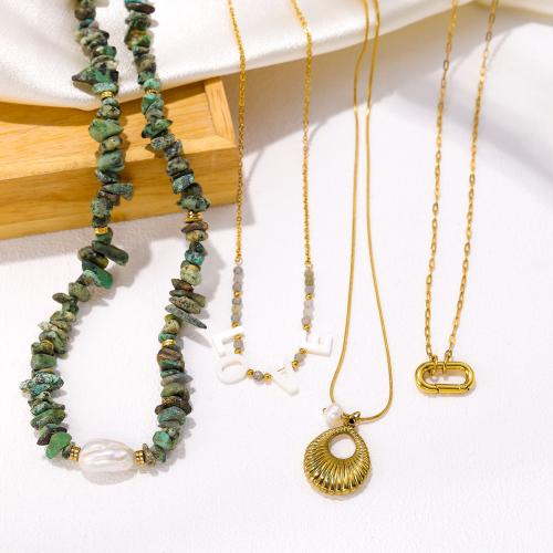 Natural Gemstone Necklace, 304 Stainless Steel, with Gemstone & Shell & Plastic Pearl, plated, fashion jewelry, more colors for choice, Sold By PC
