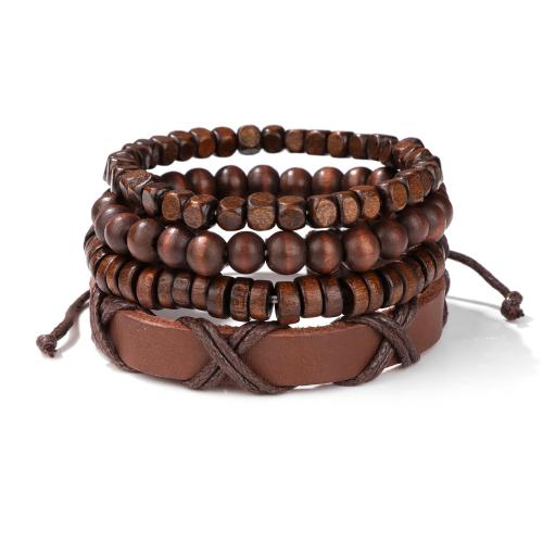 Wood Bracelet Set, with PU Leather & Wax Cord & Tibetan Style, handmade, multilayer & Unisex & different styles for choice, Length:Approx 7.5 Inch, Sold By Set