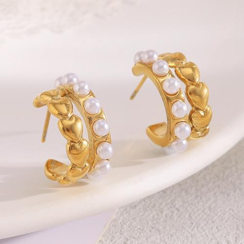 Stainless Steel Stud Earrings, 304 Stainless Steel, with Plastic Pearl, gold color plated, fashion jewelry, golden, Sold By Pair