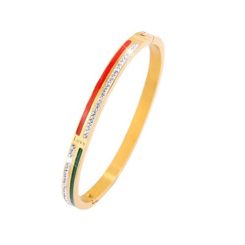 Stainless Steel Bangle, 304 Stainless Steel, plated, for woman & enamel & with rhinestone, golden, Sold By PC