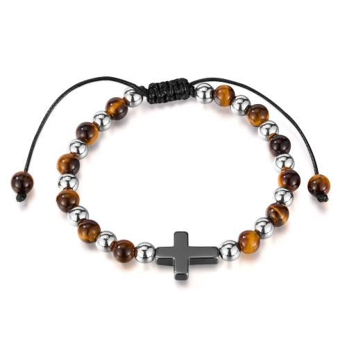 Gemstone Bracelets, 304 Stainless Steel, with Wax Cord & Tiger Eye & Hematite, polished, fashion jewelry & Unisex, Sold By PC