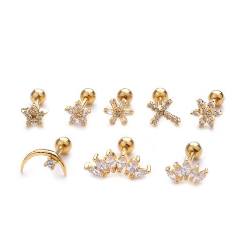 304 Stainless Steel Piercing Earring, with Brass, plated, different styles for choice & micro pave cubic zirconia & for woman, 6x1.20mm, Sold By PC