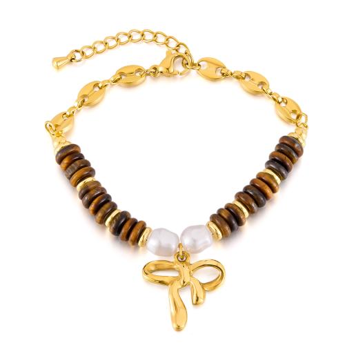 Natural Tiger Eye Bracelets, 304 Stainless Steel, with Tiger Eye & Plastic Pearl, plated, fashion jewelry & for woman, golden, Sold By PC