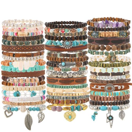 Wrap Bracelet, Tibetan Style, with Elastic Thread & Turquoise & Wood & Plastic Pearl, handmade, fashion jewelry & different styles for choice & for woman, mixed colors, Diameter :5.5cm, Sold By Set