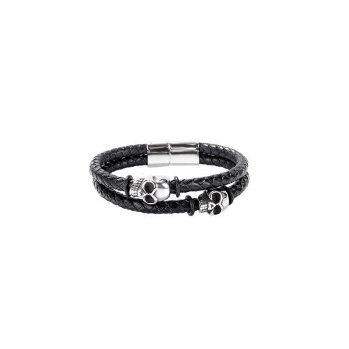 PU Leather Cord Bracelets, 304 Stainless Steel, with Microfiber PU, handmade, Double Layer & fashion jewelry & for man, black, Sold By PC