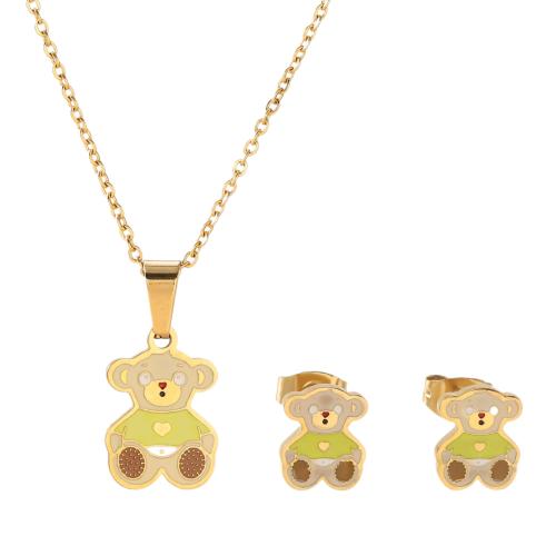 Ensemble de bijoux émaillés en acier inoxydable, Boucle d’oreille stud & collier, Acier titane, ours, Placage de couleur d'or, bijoux de mode, couleurs mélangées, 7-30mm, Vendu par fixé