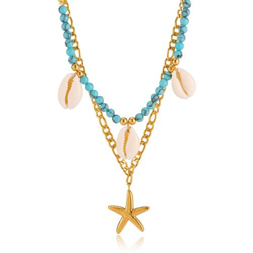 Fashion Turquoise Necklace, 304 Stainless Steel, with turquoise & Shell, plated, Double Layer & fashion jewelry & for woman, golden, Sold By PC