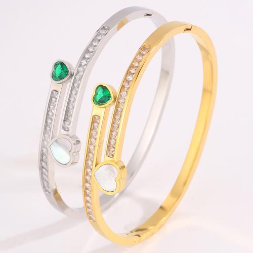 304 Stainless Steel Cuff Bangle, with White Shell, plated, fashion jewelry & micro pave cubic zirconia & for woman, more colors for choice, Sold By PC