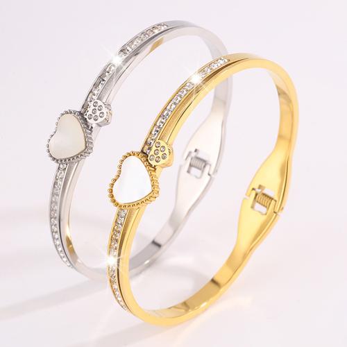 304 Stainless Steel Bangle, with White Shell, plated, fashion jewelry & for woman & with rhinestone, more colors for choice, Sold By PC
