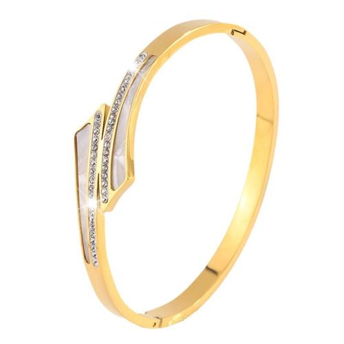 304 Stainless Steel Bangle, with White Shell, plated, fashion jewelry & for woman & with rhinestone, golden, Sold By PC