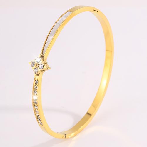 304 Stainless Steel Bangle, with White Shell, plated, fashion jewelry & for woman & with rhinestone, golden, Sold By PC