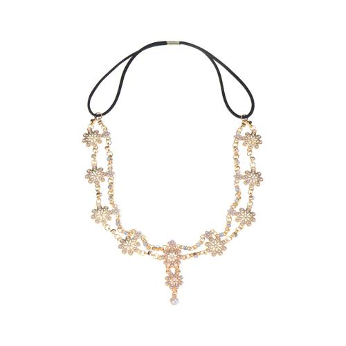 Tibetan Style Head Chain, with Elastic Thread & Plastic Pearl, Flower, Bohemian style & for woman & with rhinestone, gold, Length:Approx 50-60 cm, Sold By PC