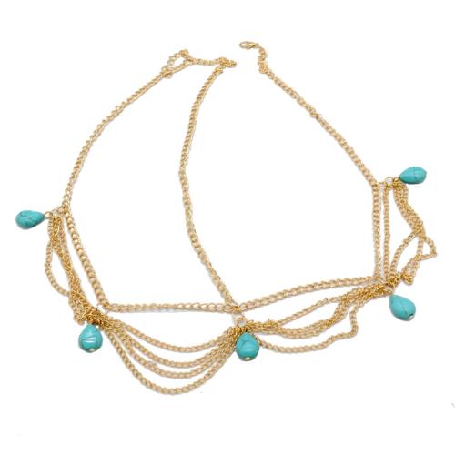 Tibetan Style Head Chain, with Turquoise, gold color plated, multilayer & for woman, Length:Approx 55 cm, Sold By PC
