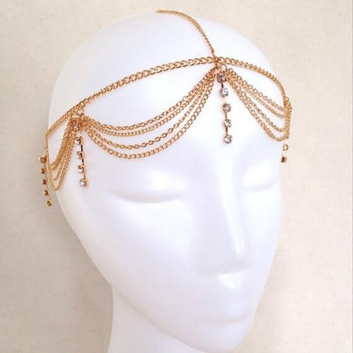 Tibetan Style Head Chain, gold color plated, multilayer & for woman & with rhinestone, Length:Approx 55 cm, Sold By PC