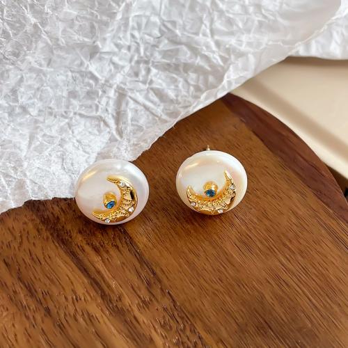 Freshwater Pearl Earrings, with Brass, Flat Round, plated, fashion jewelry & with rhinestone, more colors for choice, 15x15x9mm, Sold By Pair