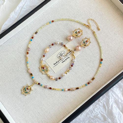 Natural Cultured Freshwater Pearl Jewelry Sets, with Brass, Baroque, gold color plated, fashion jewelry & micro pave cubic zirconia, more colors for choice, 480x18x7mm, Sold By PC