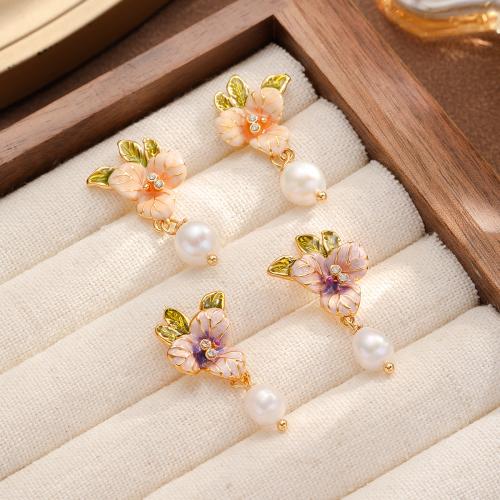Freshwater Pearl Earrings, with Brass, Baroque, plated, fashion jewelry & micro pave cubic zirconia & enamel, more colors for choice, nickel, lead & cadmium free, 49x17x8mm, Sold By Pair