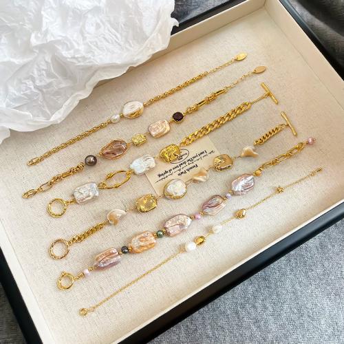 Freshwater Cultured Pearl Bracelet, Brass, with Natural Stone & Freshwater Pearl, plated, fashion jewelry & with rhinestone, more colors for choice, nickel, lead & cadmium free, 240x68x57mm, Length:18 cm, Sold By PC