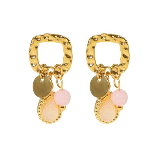 Natural Quartz Earrings, 304 Stainless Steel, with Rose Quartz, 18K gold plated, fashion jewelry & for woman & hollow, Sold By Pair