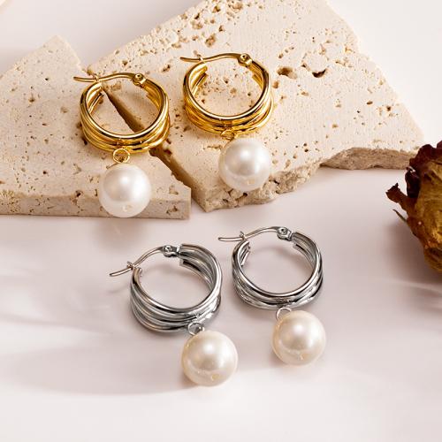 Stainless Steel Drop Earring, 304 Stainless Steel, with Plastic Pearl, plated, fashion jewelry, more colors for choice, Sold By Pair