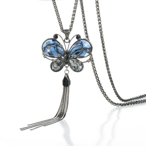 Tibetan Style Sweater Necklace, with Crystal, Butterfly, plated, fashion jewelry & different styles for choice & for woman, Length:Approx 33.5 Inch, Sold By PC