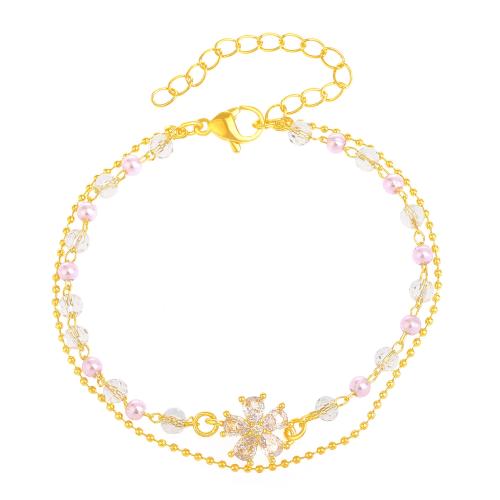 Brass Bracelet, with Crystal, Flower, gold color plated, Double Layer & micro pave cubic zirconia & for woman, Length:Approx 6-7 Inch, Sold By PC