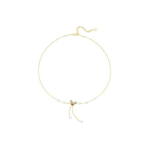 Tibetan Style Necklace, with Plastic Pearl, Butterfly, gold color plated, micro pave cubic zirconia & for woman, Length:Approx 16 Inch, Sold By PC