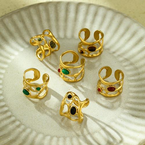 Natural Gemstone Finger Ring, 304 Stainless Steel, with Natural Stone, plated, different materials for choice & for woman & hollow, golden, Sold By PC