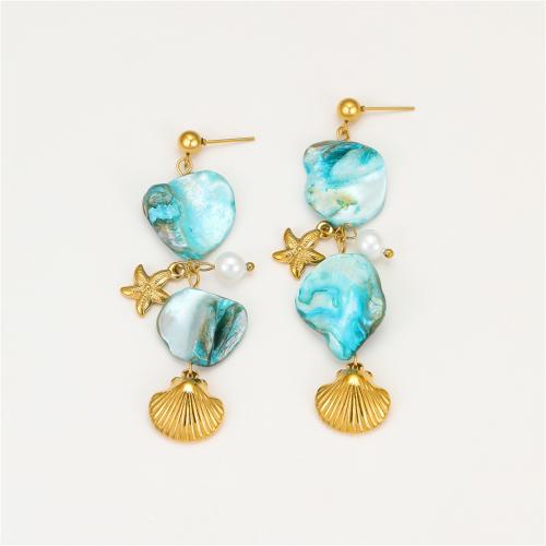 Shell Earrings, 304 Stainless Steel, with Natural Seashell & Plastic Pearl, 18K gold plated, fashion jewelry & for woman, Sold By Pair