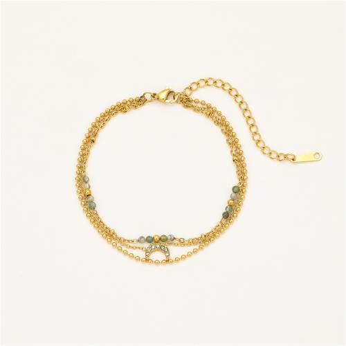Gemstone Bracelets, 304 Stainless Steel, with Natural Stone, 18K gold plated, three layers & for woman & with rhinestone, Sold By PC