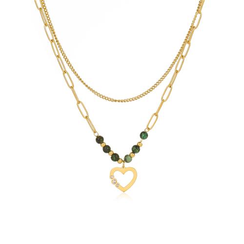 Natural Gemstone Necklace, 304 Stainless Steel, with Natural Stone, 18K gold plated, Double Layer & micro pave cubic zirconia & for woman, Sold By PC
