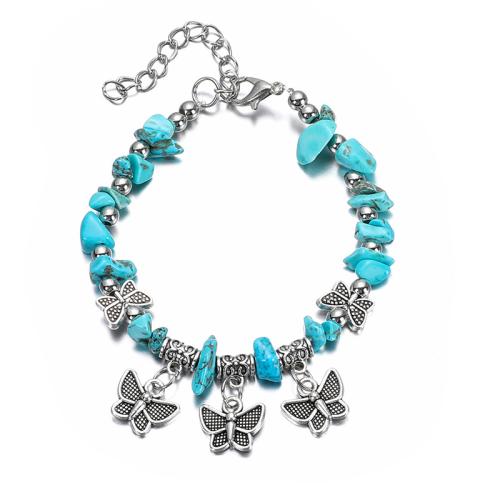 Tibetan Style Bracelet, with Natural Gravel, Butterfly, antique silver color plated, different styles for choice & for woman, Length:Approx 6-7 Inch, Sold By PC