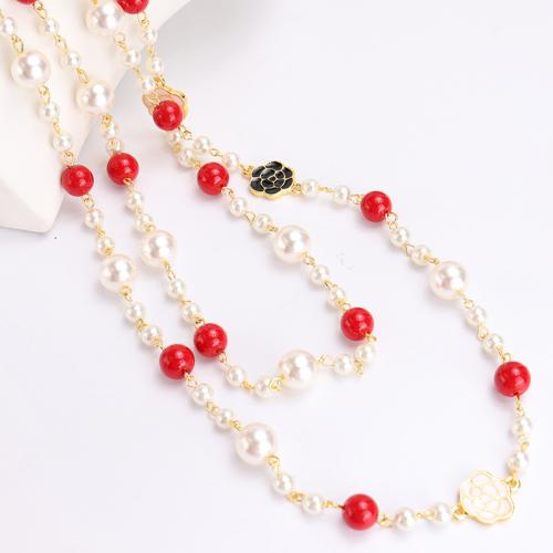 Plastic Pearl Sweater Necklace, with Tibetan Style, Rose, gold color plated, for woman & enamel, more colors for choice, Length:Approx 62.2 Inch, Sold By PC