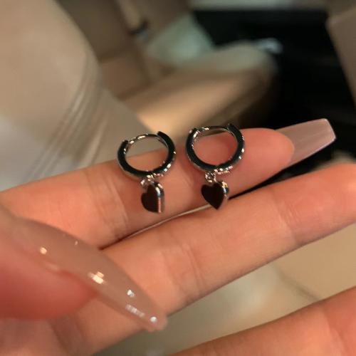 Brass Huggie Hoop Drop Earring, Heart, silver color plated, fashion jewelry & for woman, 10x20mm, Sold By Pair