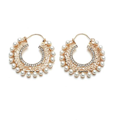 Tibetan Style Drop Earring, with Plastic Pearl, gold color plated, for woman & with rhinestone & hollow, 45x50mm, Sold By Pair