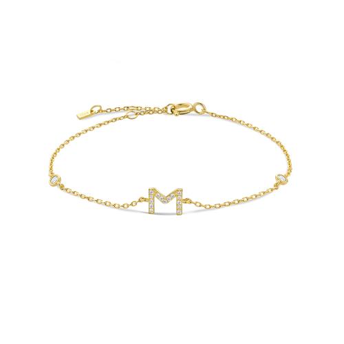 Plata de ley 925 Pulsera, Carta del alfabeto, chapado en color dorado, diferentes estilos para la opción & micro arcilla de zirconia cúbica & para mujer, longitud:aproximado 5.9 Inch, Vendido por UD