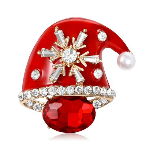 Christmas Brooches, Tibetan Style, with Plastic Pearl, Christmas Hat, plated, fashion jewelry & enamel & with rhinestone, red, Sold By PC