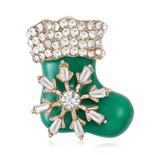 Christmas Brooches, Tibetan Style, Christmas Sock, plated, fashion jewelry & enamel & with rhinestone, green, Sold By PC