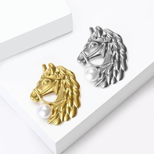 304 Stainless Steel Brooch, with Plastic Pearl, Horse, plated, fashion jewelry, more colors for choice, Sold By PC