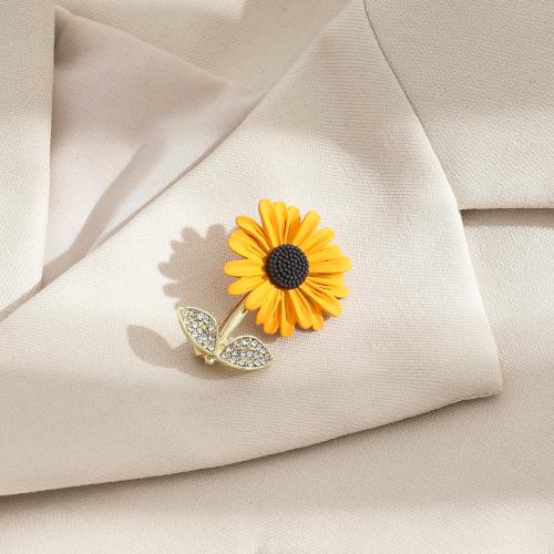 Tibetan Style Brooch, with Resin, Sunflower, gold color plated, for woman & with rhinestone, 25x34mm, Sold By PC