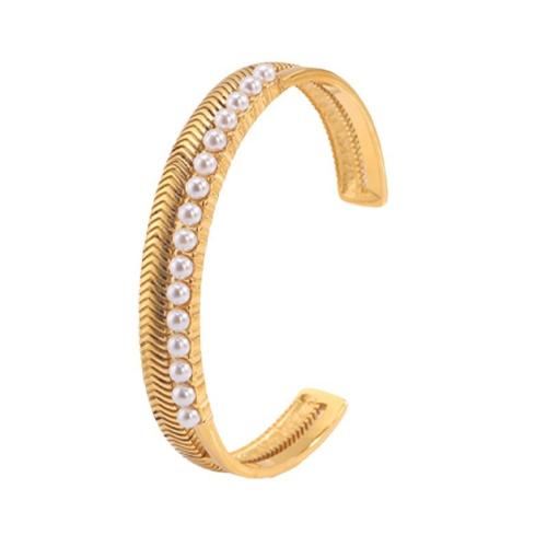 Acier inoxydable 304 bracelet manchette, avec perle de plastique, bijoux de mode & pour femme, doré, Inner diameter :60mm, width :8mm, Vendu par PC