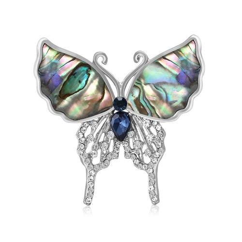 Shell Brooch, Abalone Shell, with Tibetan Style, Butterfly, silver color plated, fashion jewelry & with rhinestone, mixed colors, Sold By PC