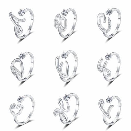 Brass Cuff Finger Ring, Alphabet Letter, plated, different styles for choice & for woman & with rhinestone, more colors for choice, US Ring Size:6-8, Sold By PC