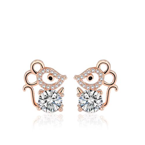 925 Sterling Silver Stud Earring, Mouse, fashion jewelry & for woman & with rhinestone, more colors for choice, 10x12mm, Sold By Pair