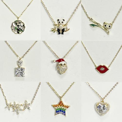 925 Sterling Silver Necklace, gold color plated, oval chain & different styles for choice & for woman & enamel & with rhinestone, Length:Approx 16 Inch, Sold By PC