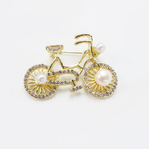 Broche perle d'eau douce, alliage de zinc, avec perle d'eau douce cultivée, vélo, Placage de couleur d'or, bijoux de mode & avec strass, plus de couleurs à choisir, 45.14x15.81x32.45mm, Vendu par PC