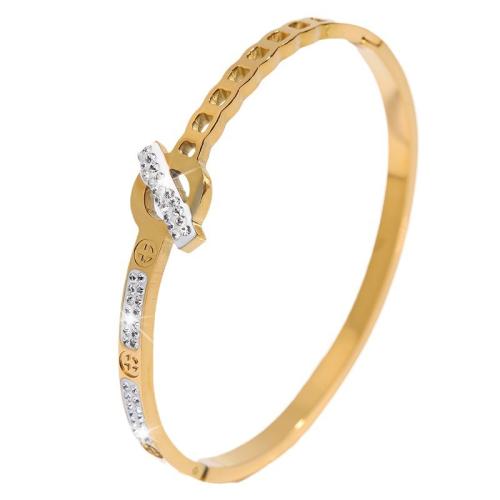 acero inoxidable 304 Brazalete, chapado, para mujer & con diamantes de imitación & hueco, dorado, Vendido por UD