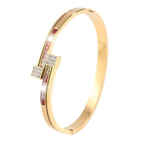 304 Stainless Steel Cuff Bangle, plated, fashion jewelry & for woman & with rhinestone, golden, Sold By PC